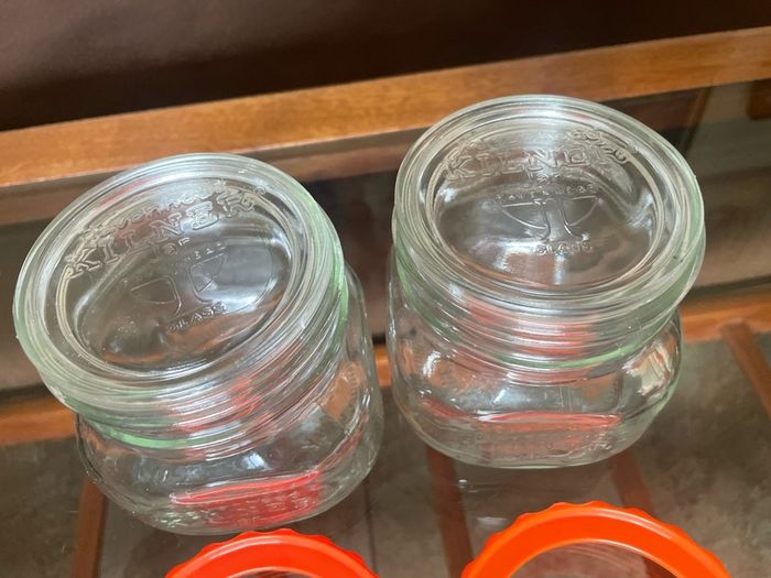 Pair Vintage 500ml 1970s Ravenhead Glass Kilner Jars With Orange Screw Lids