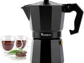 Rainbean Black Stove Top Espresso Maker 300 ml / 6 Cup Moka Gift Set with 2 Double Wall Glass Cups