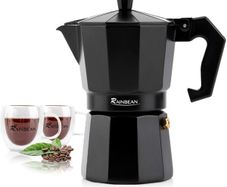 Rainbean Black Stove Top Espresso Maker 300 ml / 6 Cup Moka Gift Set with 2 Double Wall Glass Cups
