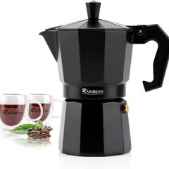 Rainbean Black Stove Top Espresso Maker 300 ml / 6 Cup Moka Gift Set with 2 Double Wall Glass Cups