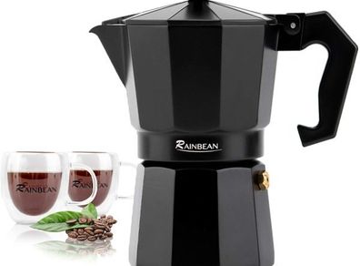 Rainbean Black Stove Top Espresso Maker 300 ml / 6 Cup Moka Gift Set with 2 Double Wall Glass Cups