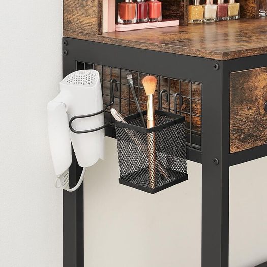 Industrial Dressing Table with Mirror and Stool, Vanity Table with Tri-Fold Mirror, 3 Drawers, Hair Dryer Holder, Makeup Desk