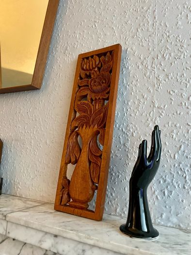 Hand Carved Long Balinese Wooden Sunflower Floral Relief Wall Art Decor Panel