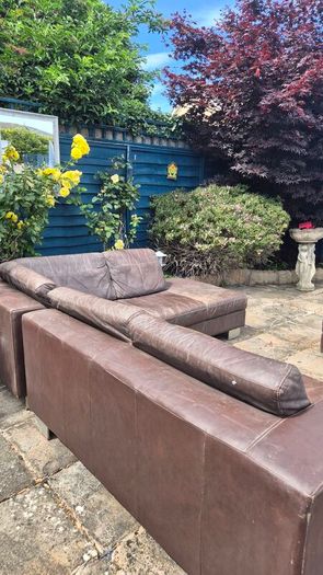 Premium Dark Brown Leather Corner Sofa & Matching Storage Ottoman
