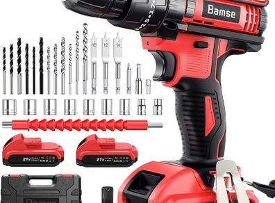 Cordless screwdriver 21V, Bamse cordless drill with 2 batteries 2.0Ah, 42Nm cordless drill, 2 gears, 25+3 torque levels, LED light, 30PCS accessories set for home and garden DIY project