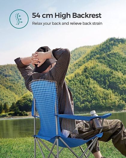Set of 2 Folding Camping Chairs, Comfortable, Heavy Duty Structure, Max. Load Capacity 150 kg, with Cup Holder, Outdoor Chairs, Blue (FREE SHIPPING)