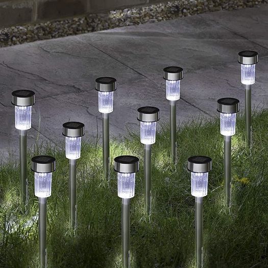 Pack of 10 Solar Powered Stake Lights - LED Garden Outdoor Light, Waterproof Stainless Steel Post Path Lights for Patio Driveway Pathway Walkway Decoration (FREE POSTAGE)