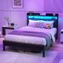 4ft6 Double Size Bed Frame with LED Lights Storage Upholstered Headboard and Charging Station, Solid Metal Platform Bed Double Size, No Box Spring Needed, Noise Free Image 3