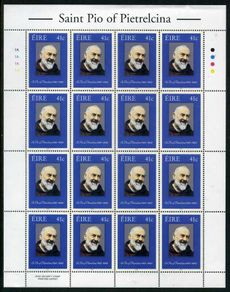 2002 Ireland Canonisation of Padre Pio Commemorative Stamp Sheetlet Plate 1A1A1A1A Mint Never Hinged (MNH)
