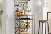 Kitchen Baker's Rack  Microwave Oven Stand with Storage Shelves, Industrial Coffee Bar Station, with Adjustable Wine Holders and S hooks, Metal Frame, Rustic Brown, 59 40 143CM, HBR001H