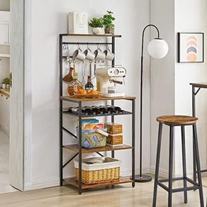 Kitchen Baker's Rack  Microwave Oven Stand with Storage Shelves, Industrial Coffee Bar Station, with Adjustable Wine Holders and S hooks, Metal Frame, Rustic Brown, 59 40 143CM, HBR001H