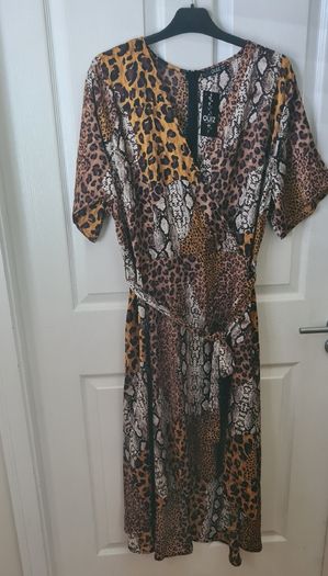 Satin Animal Print Faux Wrap Dress Size Uk 22(nwt)