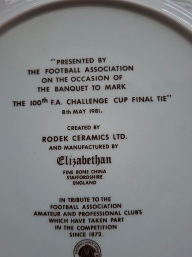Soccer Fans A Rare !  Vintage Elizbethan Fine BONE China Plate 10.5 ins  100th  Football Final Manchester City  v Tottenham  Hotspur  9th May 1981 Commemorative Lpate Programmes lunches Banquet Details  TEAM winners over the years
