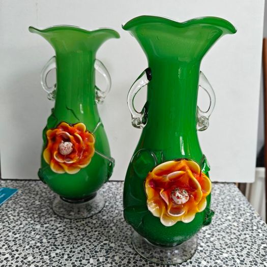 Pair of Murano style 11 inch green glass floral vases