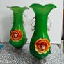 Pair of Murano style 11 inch green glass floral vases Image 2