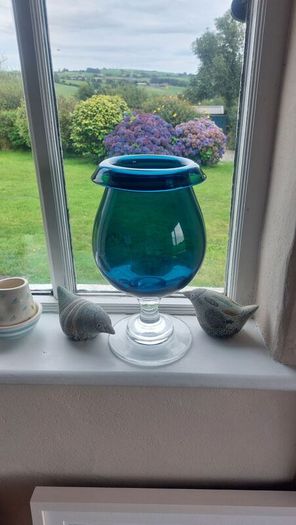 Stunning Vintage Oversized Hand-Blown Glass Brandy Balloon Vase With a Turnover Rim, In a Fantastic Petrol Blue with a Clear Stem and Foot, Perfect as a Hurricane-Style Candle Holder