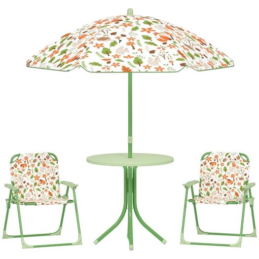 4-Piece Kids Garden Table and Chair Set with Adjustable Parasol, Folding Chairs, Table, Nature Pattern, Green