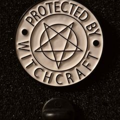 Protected by witchcraft, Pin back badge.