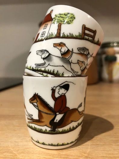 Vintage Crown Staffordshire Hunting Scene Bone China Egg Cups Pair - Perfect Condition