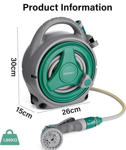 12m Water Pipe +2m Leader Hose, Hose Pipe Reel with 8 Adjustable Spray Gun Nozzles, Manual Retractable Garden Water Hose Reel,Outdoor Hose Reel Set for Garden Patios,Balconies
