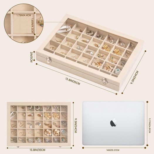 Frebeauty 35 Grid Large Jewellery Organiser Tray with Glass Lid - Brand New