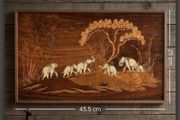 Vintage Indian Rosewood Inlay Wall Plaque - Elephant Procession Marquetry Art