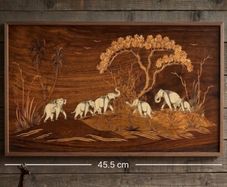 Vintage Indian Rosewood Inlay Wall Plaque - Elephant Procession Marquetry Art