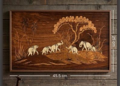 Vintage Indian Rosewood Inlay Wall Plaque - Elephant Procession Marquetry Art