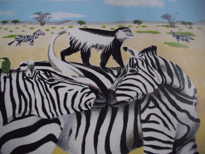 E.B. Watts - Ltd. Edition Print - 39/200 - Zebras and Colobus Monkeys - 20th Century