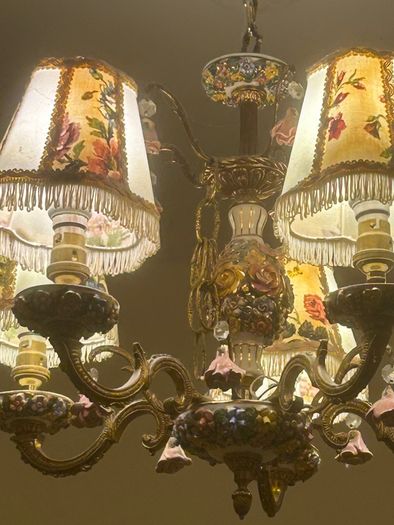 70s Gorgeous Ronantic Brass and Porcelain Chandelier