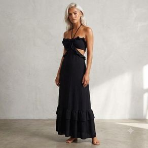 Beautiful black Halterneck Cut Out Ruffle Maxi Dress UK 10/12 Or M