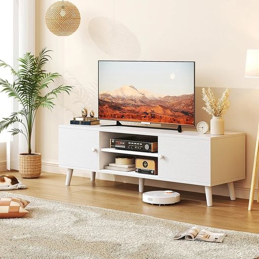 TV Stand for 55, 65 Inch TV, Entertainment Center with Adjustable Shelf, TV Console with 2 Cabinets, Media Console, Storage White TV Stand, 4 Cord Holes, for Living Room, Bedroom - White