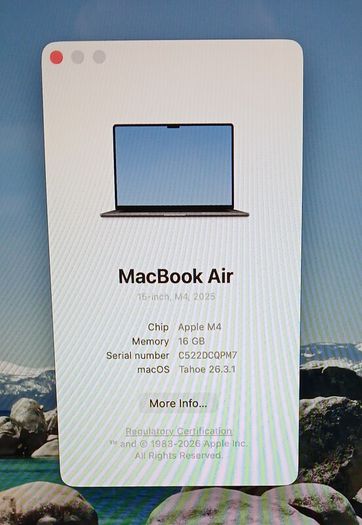 Apple MacBook Air M4 15 Inch 2025 256gb SSD 16GRam 10C CPU 10C GPU Maximum Capacity : 100% cycle count: 90