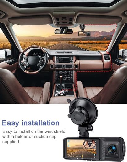 Triple Lens Dash Cam Front Rear and Inside Full HD 1080P for Cars with Infrared Night Vision