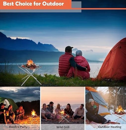 Outdoor Folding Firepit Fireplace with Heat Resistant Gloves & Carrying Bag, Stainless Steel Mesh BBQ Fire Bowl for Picnics, Bonfire, Patio, Backyard and Garden