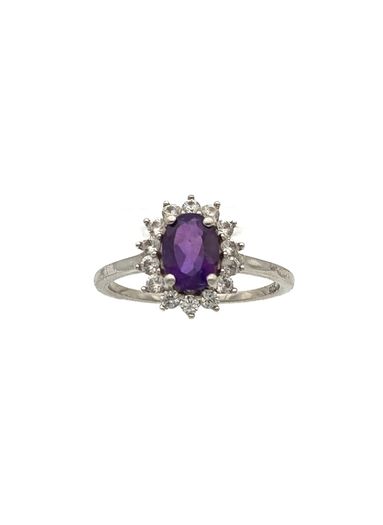Vintage 925 Sterling Silver Amethyst & CZ Halo Ring