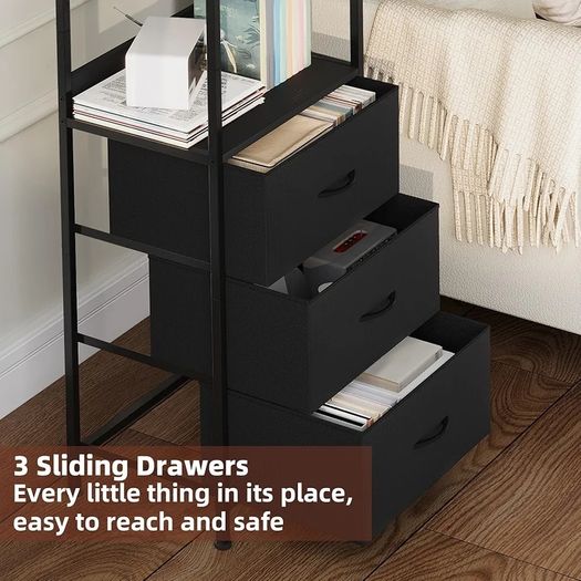 5-Tier Bookcase, Freestanding Bookcase for Living Room Bedroom Home Office, Tall Bookshelf with 3 Fabric Storage Drawers, Shelving Unit Open Storage Display Shelf, Black