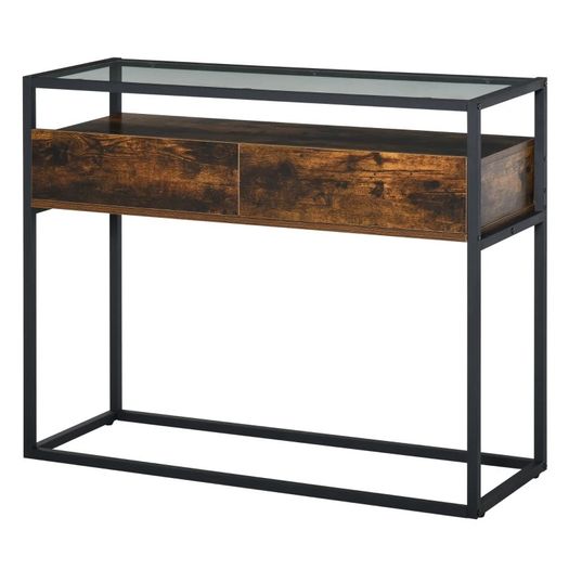 Entryway Console Table Desk with Drawers, Toughened Glass Shelf, 3D Wood Grain (FREE SHIPPING)