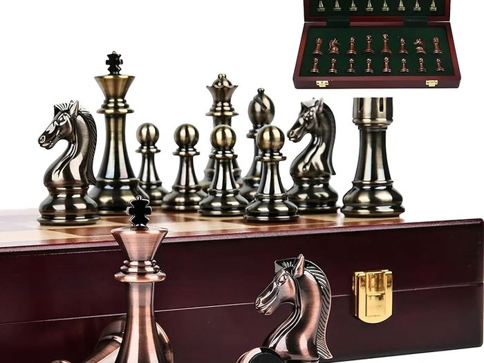 Chess Set Pure Metal Bronze Upgraded Luxury Chess Set Portable Folding ...