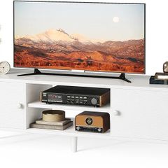 TV Stand for 55, 65 Inch TV, Entertainment Center with Adjustable Shelf, TV Console with 2 Cabinets, Media Console, Storage White TV Stand, 4 Cord Holes, for Living Room, Bedroom - White