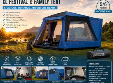 5/6 Person XL Festival & Family Camping Tent