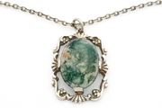 925 Vintage Sterling Silver &amp; Moss Agate Necklace, Birmingham 1974
