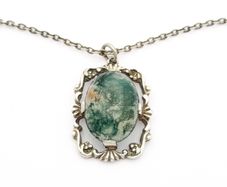 925 Vintage Sterling Silver & Moss Agate Necklace, Birmingham 1974