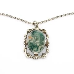 925 Vintage Sterling Silver & Moss Agate Necklace, Birmingham 1974