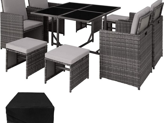 _Poly Rattan Cube Set Including Protective Cover and Stainless Steel Screws 4 Chairs 1 Table 4 Stools Various Colours