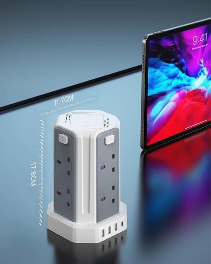 Tower Extension Lead 5M, (13A 3250W), 8 AC Outlets and 4 USB Ports Extension Tower, Surge Protection with 4 Independent Control Switch, Extension Cable for Office, Home, Kitchen