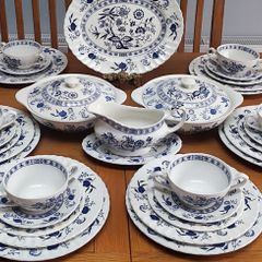 44 pcs Vintage J & G Meakin Ironstone Blue Nordic Onion Pattern Hand Engraving Made In England