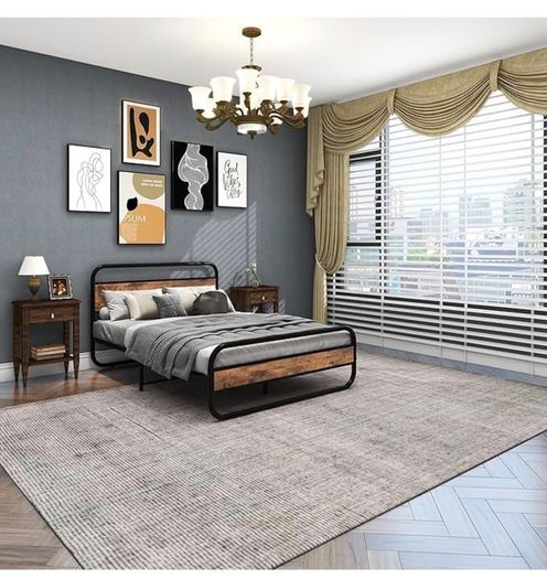 5ft King Size Bed Frame with Headboard and footboard,Brown Oval-Shaped Platform Bed with Under-Bed Storage,Steel Slats Mattress Foundation Round Pipe Design,Enhanced Support Noise Free
