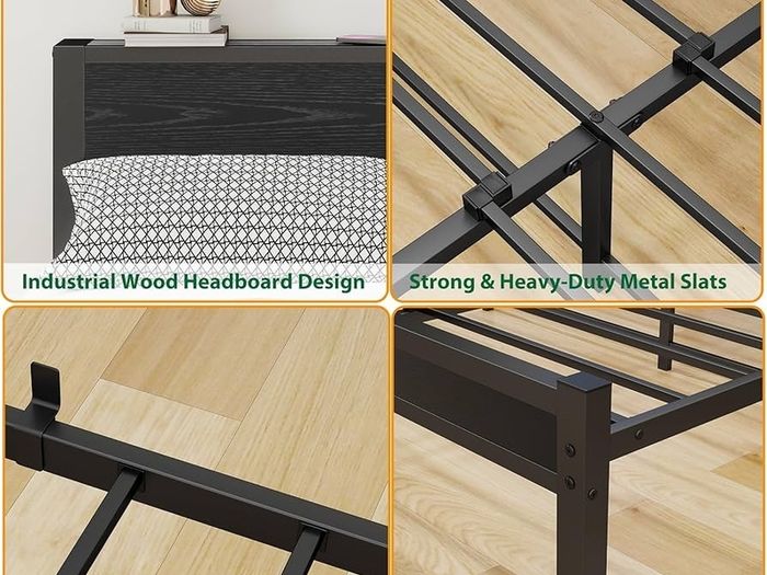 Double Bed Frame with Wooden Storage Shelf Headboard, Metal Platform Bed Frame Double Bed, No Box Spring Needed, Enhanced Support, Black