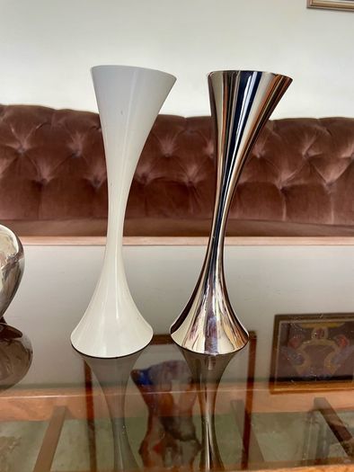 Vintage 20th Century Heavy Asymmetrical Stainless Steel and White Enamel Pair Of Candle Holders